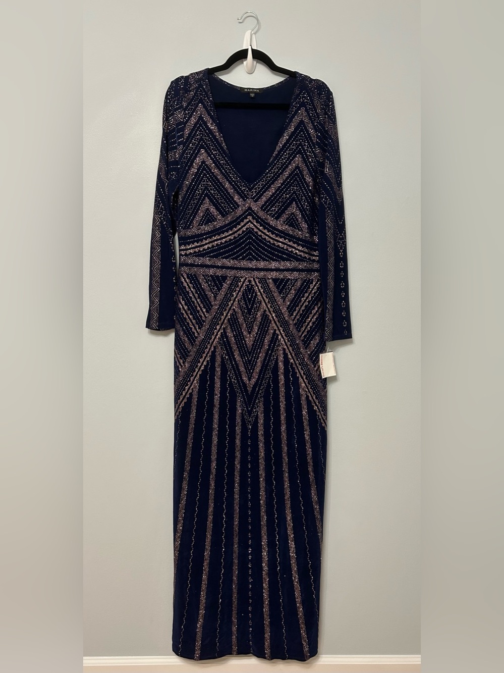Marina Navy Gold Long Sleeve Glitter Print Dress